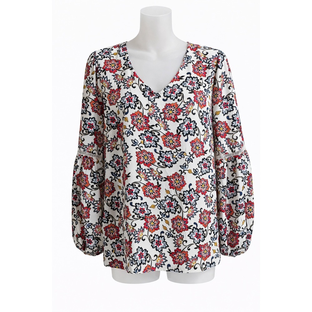 Blouse Rose + Olive Floral Balloon Sleeve V-Neck Blouse Red Blue White Medium